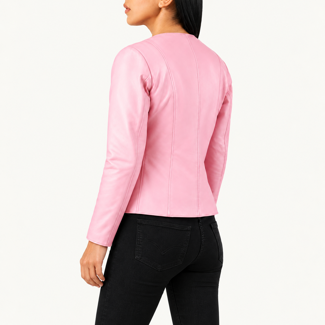 Women's Pastel Pink Leather Jacket – Classic Collarless Zip-Up Jacket Gallery